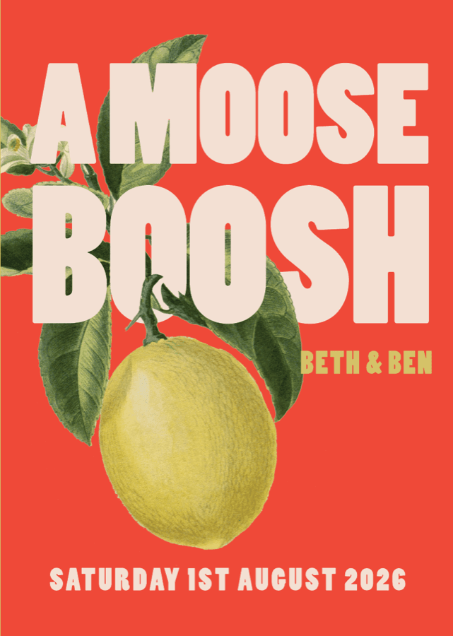 The cover of the original A Moose Boosh wedding cookbook: bright red with a painted lemon, made for Beth and Ben